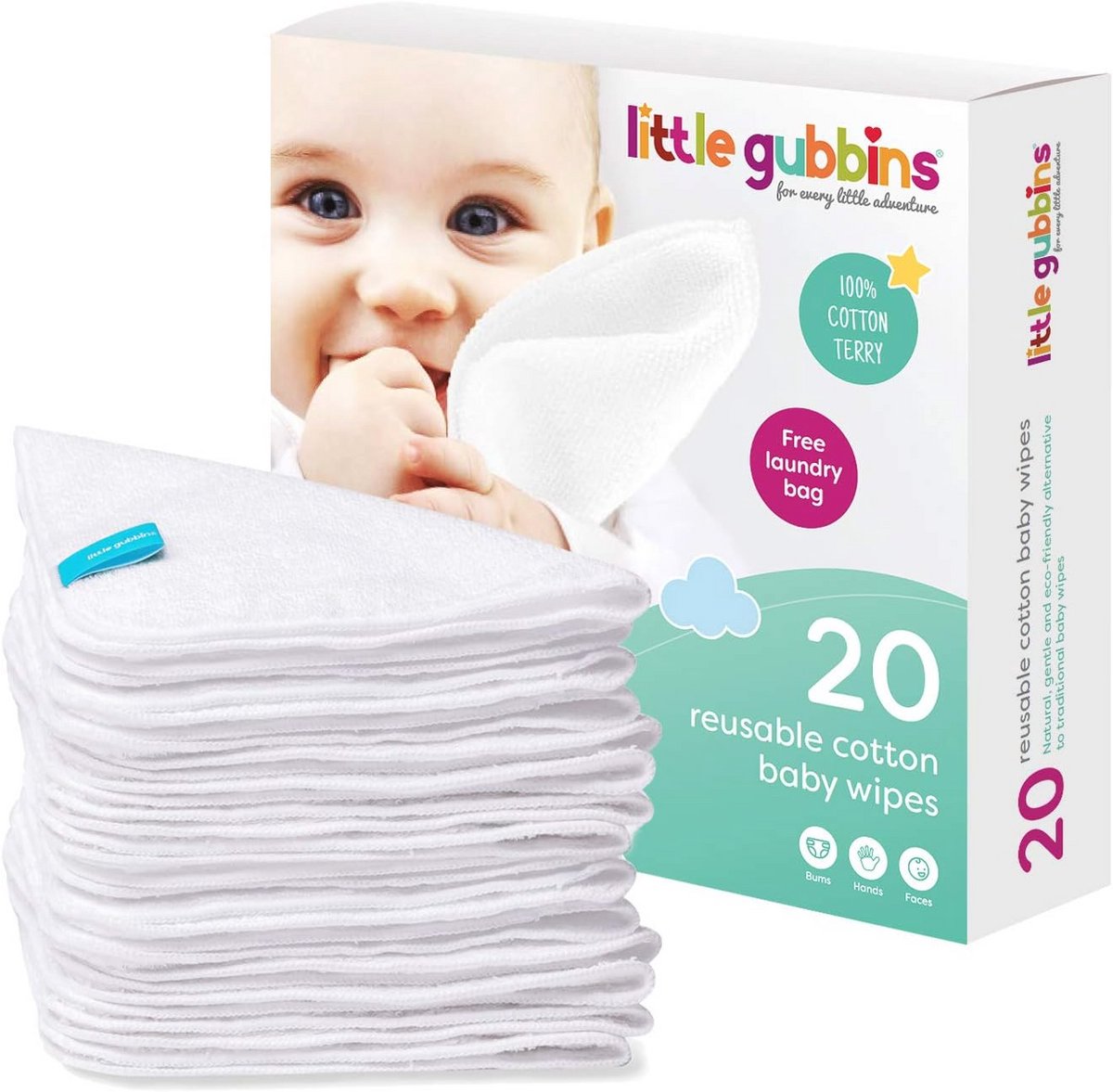20 Katoenen Badstof Herbruikbare Babydoekjes - Perfect voor Mucky Bums, Handen en Gezichten - 100% Natuurlijk & Plasticvrij