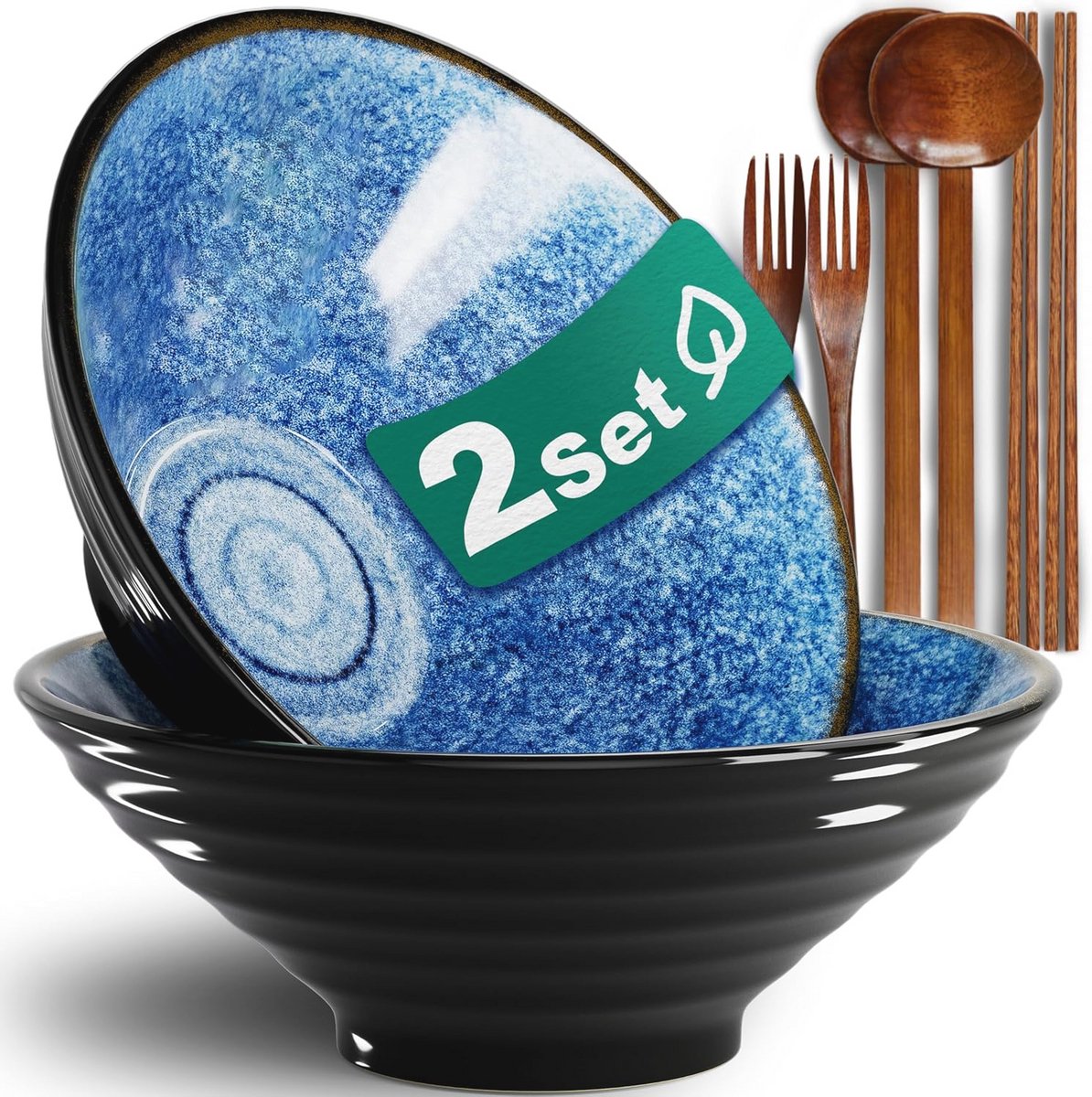8 Inch Keramische Ramen Kommen - Set van 8 - Vaatwasser- en Magnetronbestendig voor Salades - Inclusief Eetstokjes, Vorken en Lepels - Perfect als Housewarming Cadeau