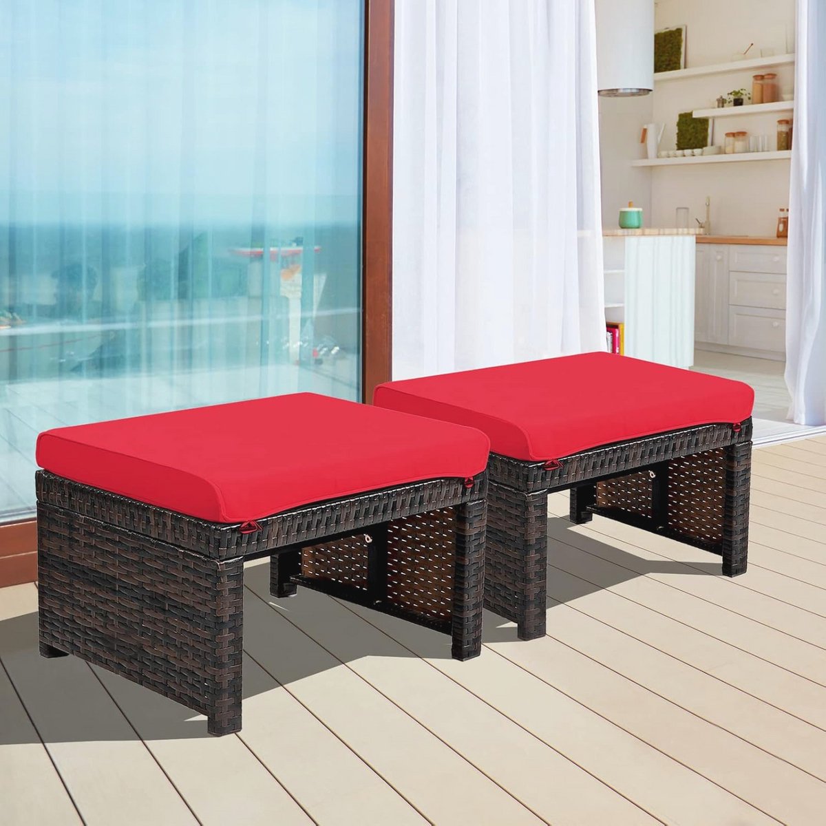 Set van 2 Weerbestendige Rieten Voetenbankjes met Afneembare Kussens voor Terras en Tuin