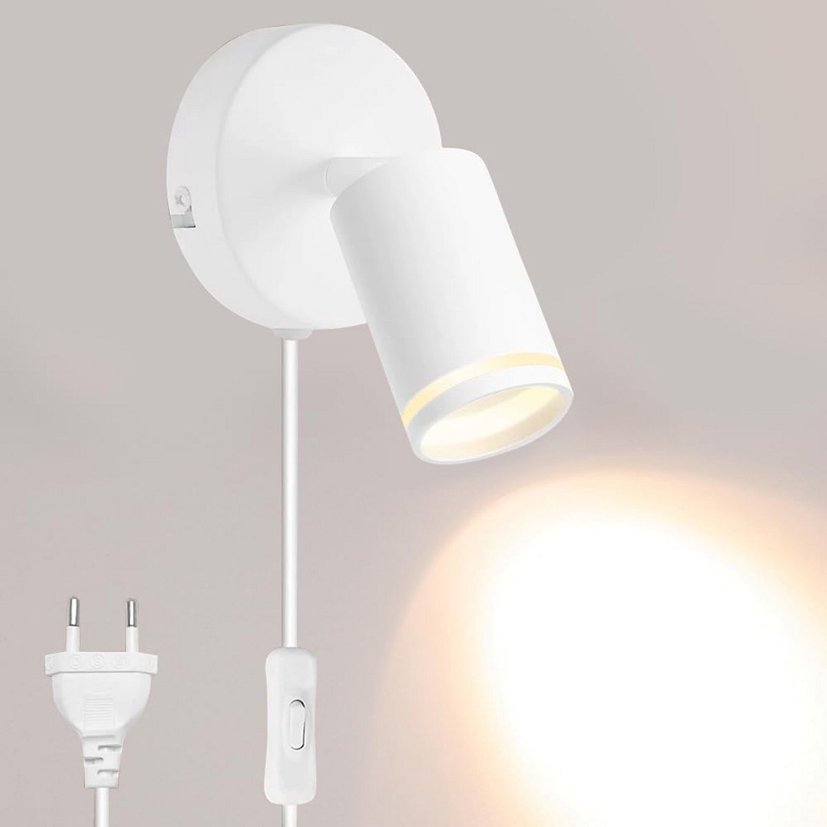 Draaibare Wandspot met Schakelaar en Stekker - Wit - GU10 - Verstelbare Binnenverlichting