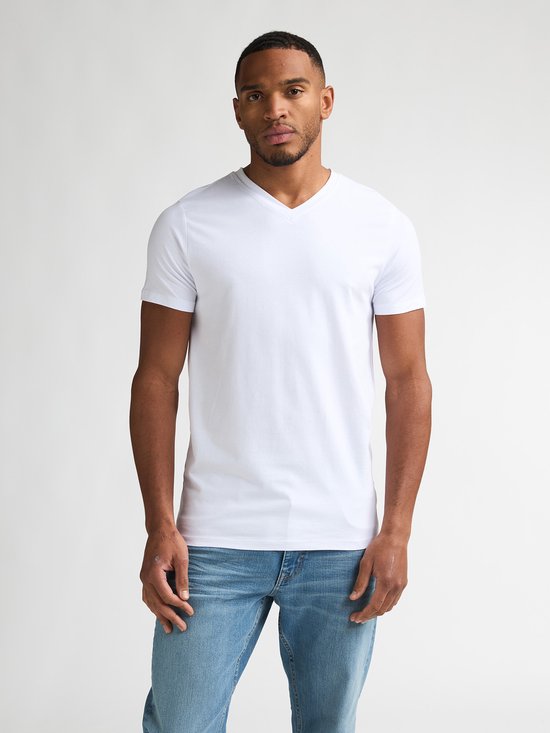 Man met korte zwarte haren, met baardje, draagt een wit T-shirt met V-hals en spijkerbroek.