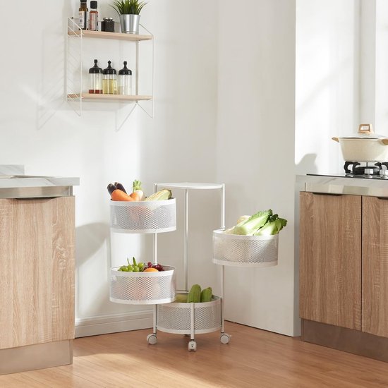en.casa] Keukentrolley Sunndal met 4 manden keukenrek op wielen stalen serveerwagen uitklapbare manden plank voor keuken badkamer 79,5x27x27 cm wit