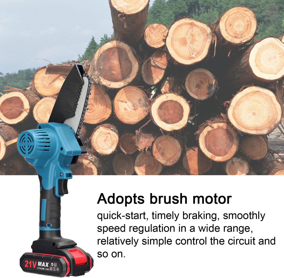 21V 4 inch draagbare elektrische snoeizaag, kleine houtsplijtende kettingzaag met borstelmotor, houtbewerkingsgereedschap met één hand voor tuin en boomgaard