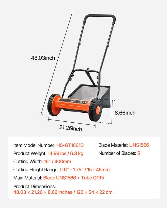 16-inch handmatige duwmaaier, ontwerp met 5 messen, instelbare maaihoogte van 0,6 tot 1,75 inch, loopmaaier met grasopvangzak voor gazons, opritten en binnenplaatsen van Merkloos	 — afbeelding 2