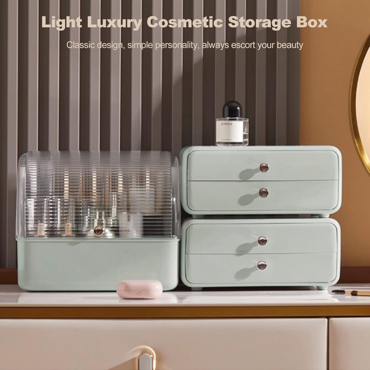 Draagbare make-up organizer met stofdicht deksel en 2 laden - Lichtgroen