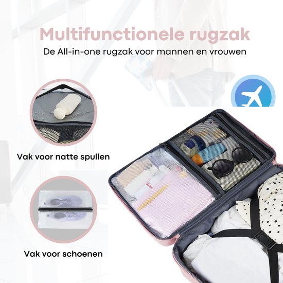 Multifunctionele roze rugzak met vak voor natte spullen en vak voor schoenen.