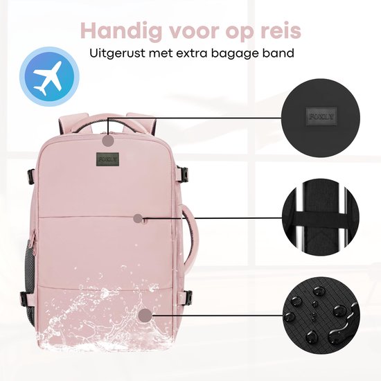 Roze rugzak met "FOXLY" logo, extra bagageband en waterafstotende onderkant.
