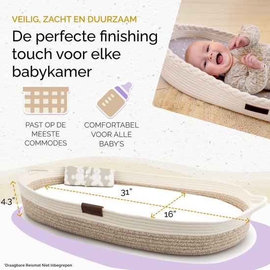 Matelas à langer Yunioo│Panier à langer XL 80cm│Panier Moses avec matelas de haute qualité avec housse hydrofuge et tapis de voyage gratuit│Coton Extra résistant│Conçu aux Pays-Bas│Soutenir une bonne cause│Panier à langer Bébé