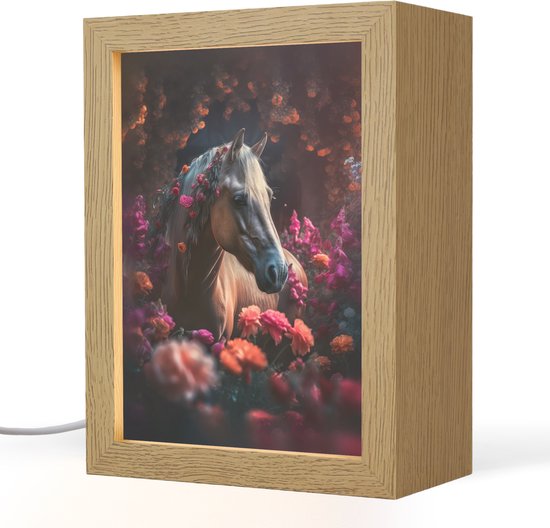 Nachtlampje 15x20 cm - Kinder lampje - Paard - Bloemen - Paars - Oranje - Dieren - Tafellamp kinderkamer - Slaapkamer lamp - Bedlamp kinderen - Kinderlampje stopcontact - Wandlamp babykamer - Nachtlampjes
