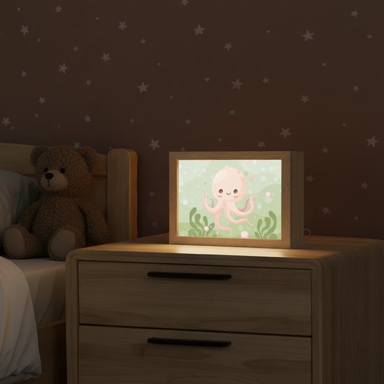 Nachtlampje 20x15 cm - Kinder lampje - Octopus - Zeedieren - Groen - Onderwater - Tafellamp kinderkamer - Slaapkamer lamp - Bedlamp kinderen - Kinderlampje stopcontact - Wandlamp babykamer - Nachtlampjes van OnlyWow — afbeelding 2