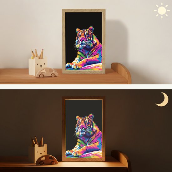 Nachtlampje 20x30 cm - Kinder lampje - Tijger - Kleurrijk - Dieren - Zwart - Neon - Tafellamp kinderkamer - Slaapkamer lamp - Bedlamp kinderen - Kinderlampje stopcontact - Wandlamp babykamer - Nachtlampjes van Merkloos — afbeelding 4
