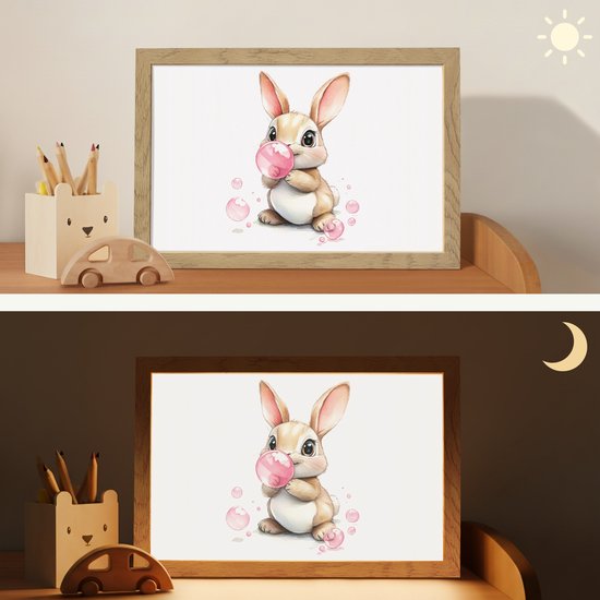 Nachtlampje 30x20 cm - Kinder lamp - Konijn - Roze - Bellen - Tafellamp kinderkamer - Slaapkamer lamp - Bedlamp kinderen - Kinderlampje stopcontact - Wandlamp babykamer - Nachtlampjes van Merkloos — afbeelding 4