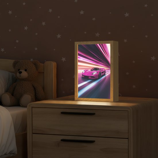 Nachtlampje 20x30 cm - Kinder lamp - Raceauto - Roze - Neon - Tafellamp kinderkamer - Slaapkamer lamp - Bedlamp kinderen - Kinderlampje stopcontact - Wandlamp babykamer - Nachtlampjes van Merkloos — afbeelding 2