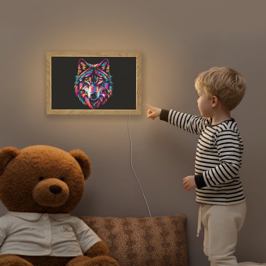 Nachtlampje 30x20 cm - Kinder lampje - Wolf - Kleurrijk - Zwart - Dieren - Neon - Tafellamp kinderkamer - Slaapkamer lamp - Bedlamp kinderen - Kinderlampje stopcontact - Wandlamp babykamer - Nachtlampjes van Merkloos — afbeelding 5