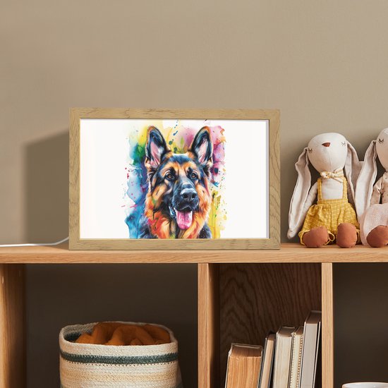 Nachtlampje 30x20 cm - Kinder lampje - Hond - Verf - Dieren - Kleurrijk - Duitse Herder - Tafellamp kinderkamer - Slaapkamer lamp - Bedlamp kinderen - Kinderlampje stopcontact - Wandlamp babykamer - Nachtlampjes van Merkloos — afbeelding 3