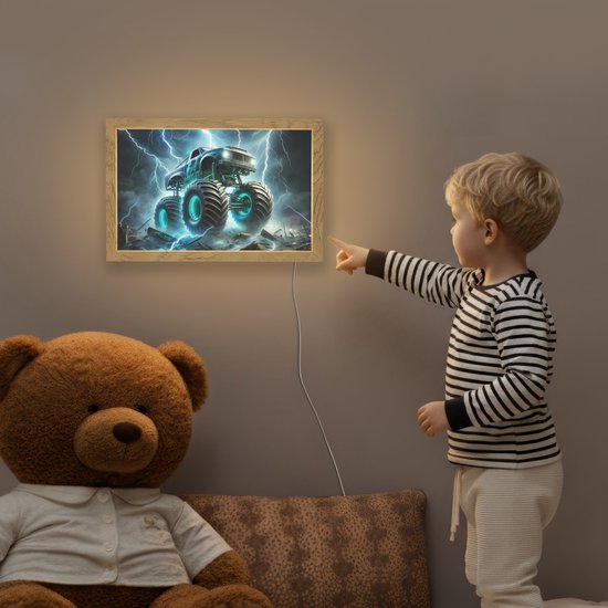 Nachtlampje 30x20 cm - Kinder lampje - Monstertruck - Bliksem - Blauw - Jongens - Auto - Tafellamp kinderkamer - Slaapkamer lamp - Bedlamp kinderen - Kinderlampje stopcontact - Wandlamp babykamer - Nachtlampjes van Merkloos — afbeelding 5