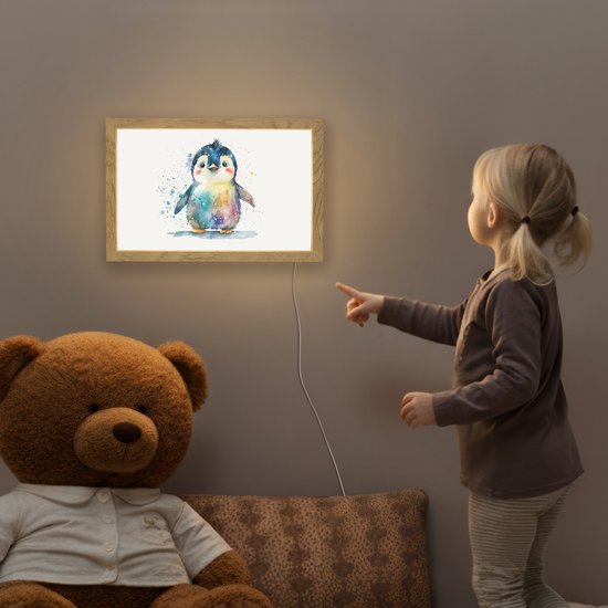 Nachtlampje 30x20 cm - Kinder lamp - Pinguïn - Regenboog - Waterverf - Dieren - Kinderen - Tafellamp kinderkamer - Slaapkamer lamp - Bedlamp kinderen - Kinderlampje stopcontact - Wandlamp babykamer - Nachtlampjes van ATMOSPHERA CREATION. — afbeelding 5