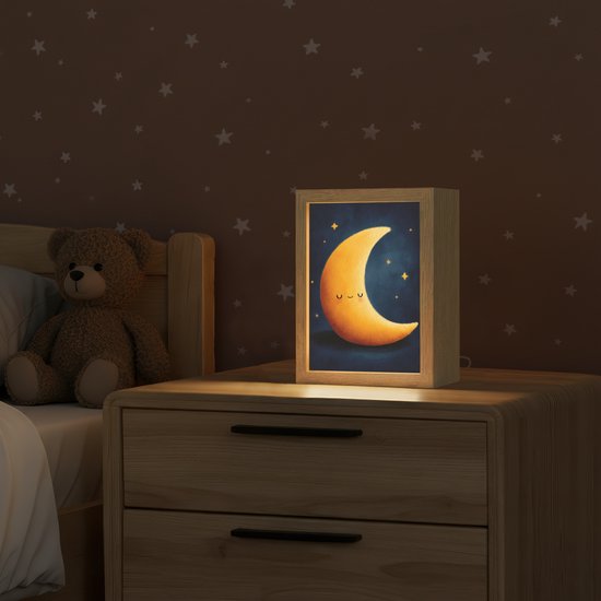 Nachtlampje 15x20 cm - Kinder lampje - Maan - Geel - Sterren - Gezichtje - Tafellamp kinderkamer - Slaapkamer lamp - Bedlamp kinderen - Kinderlampje stopcontact - Wandlamp babykamer - Nachtlampjes van OnlyWow — afbeelding 2