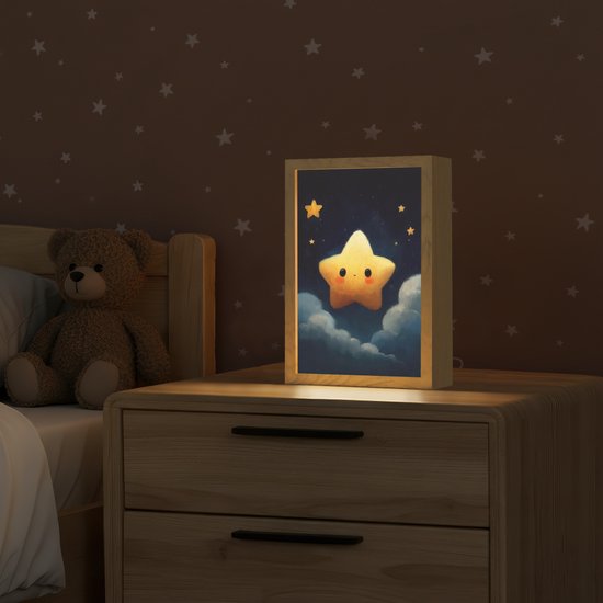 Nachtlampje 20x30 cm - Kinder lampje - Ster - Gezichtje - Nacht - Wolken - Tafellamp kinderkamer - Slaapkamer lamp - Bedlamp kinderen - Kinderlampje stopcontact - Wandlamp babykamer - Nachtlampjes van OnlyWow — afbeelding 2
