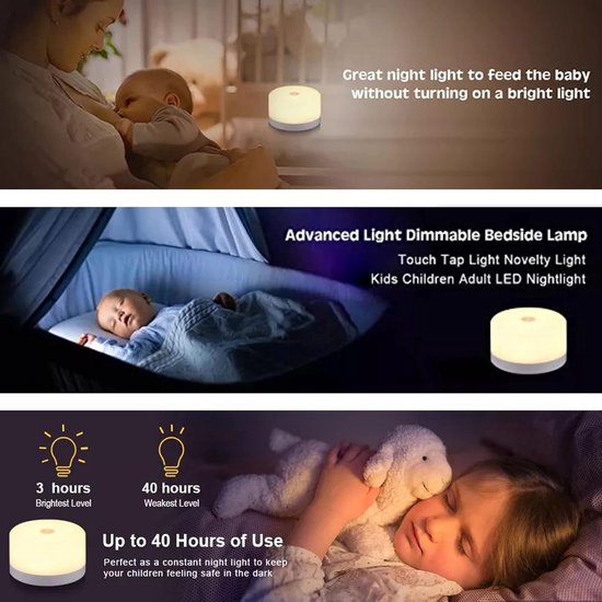 Nachtlampje - Aanraaksensorlampje - Tafellamp - Bedlamp - LED-lampje - USB-oplaadbaar - Warm licht - Dimbaar - Geschikt voor slaapkamer - woonkamer - kinderkamer - Wit - 8*8*4,5cm — afbeelding 3
