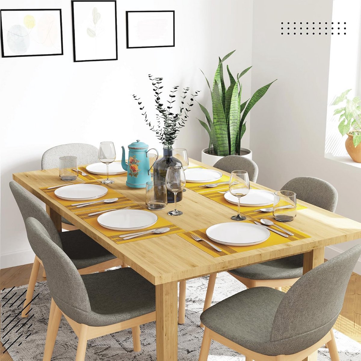 Set van 6 geribde katoenen placemats - Gele kleur - Machinewasbaar - 46x32cm