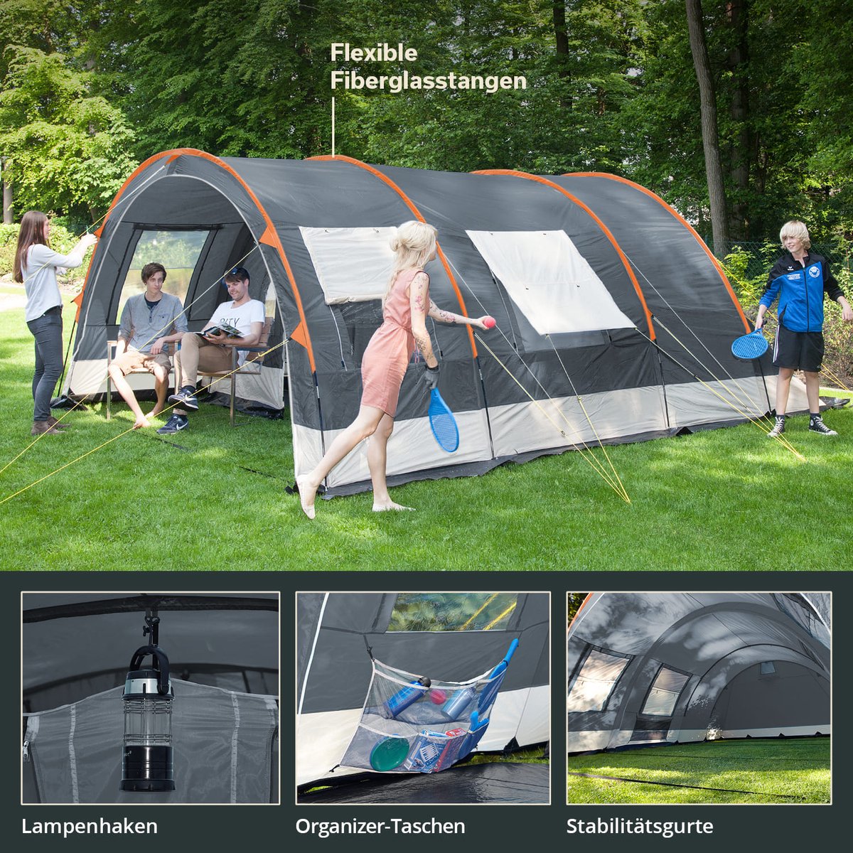 Skandika Helsinki Tent – Tenten – Familietent - Campingtent – Voor 6 personen – Tunneltent – 215 cm stahoogte - Muggengaas – 2 slaapcabines – 525 x 410 x 215 cm (L x B x H) - 5000 mm waterkolom – Outdoor, Camping, Tuin – Kamperen – grijs/oranje – foto 2