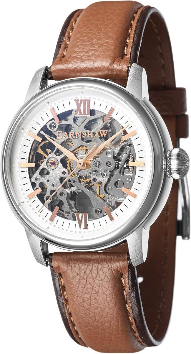 Automatisch Skeleton Herenhorloge met Open Wijzerplaat en Bruine Band