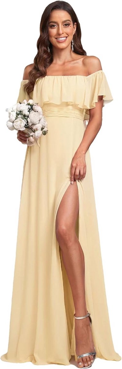 Lange Chiffon Avondjurk met Split A-lijn Off-shoulder Empire Taille Elegante Jurk