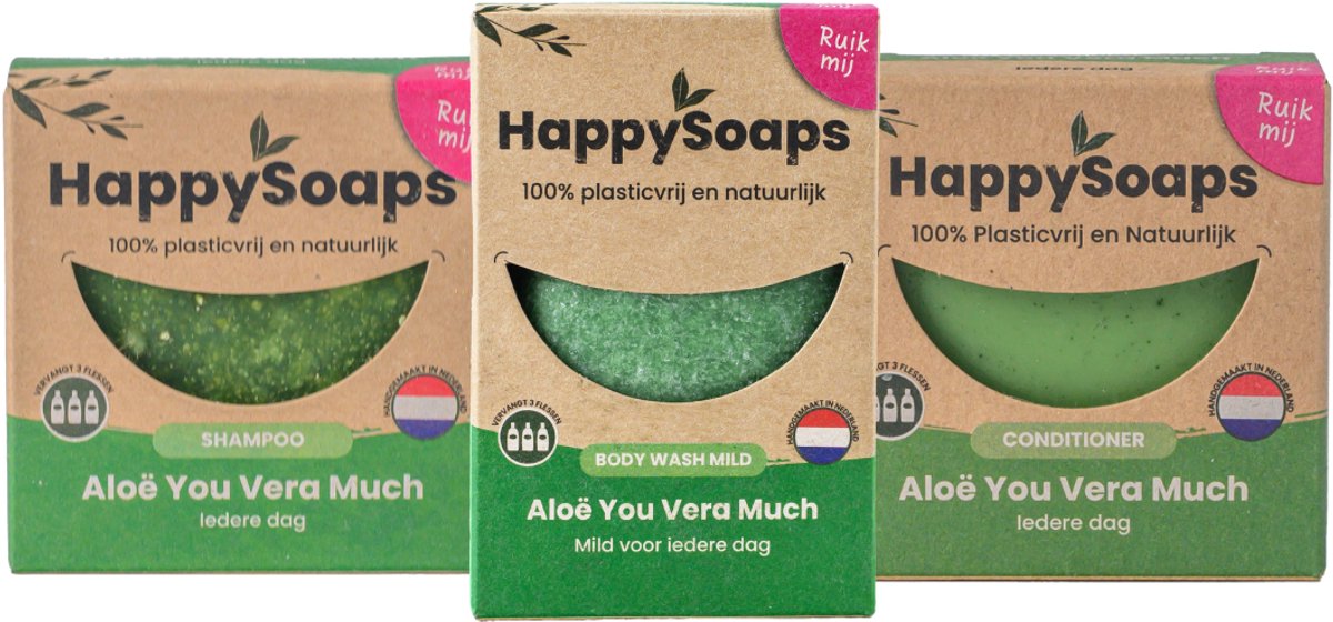 HappySoaps Aloë You Vera Much – 3-Deluxe Verzorgingsset – Shampoo Bar + Body Wash Bar + Conditioner Bar – Plasticvrij & Natuurlijk