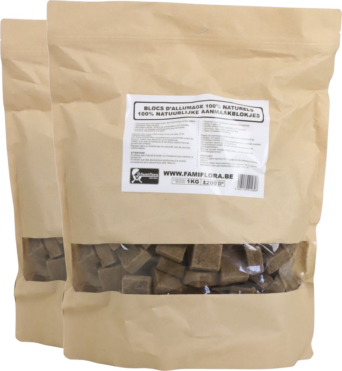 Famiflora Aanmaakblokjes Bruin Voordeelpack - 2x 1kg (400 stuks) - Ecologisch Aanmaakmateriaal - Veilig & Snel Ontbranden - Snel en betrouwbaar vuur zonder extra moeite zodat je direct kunt genieten