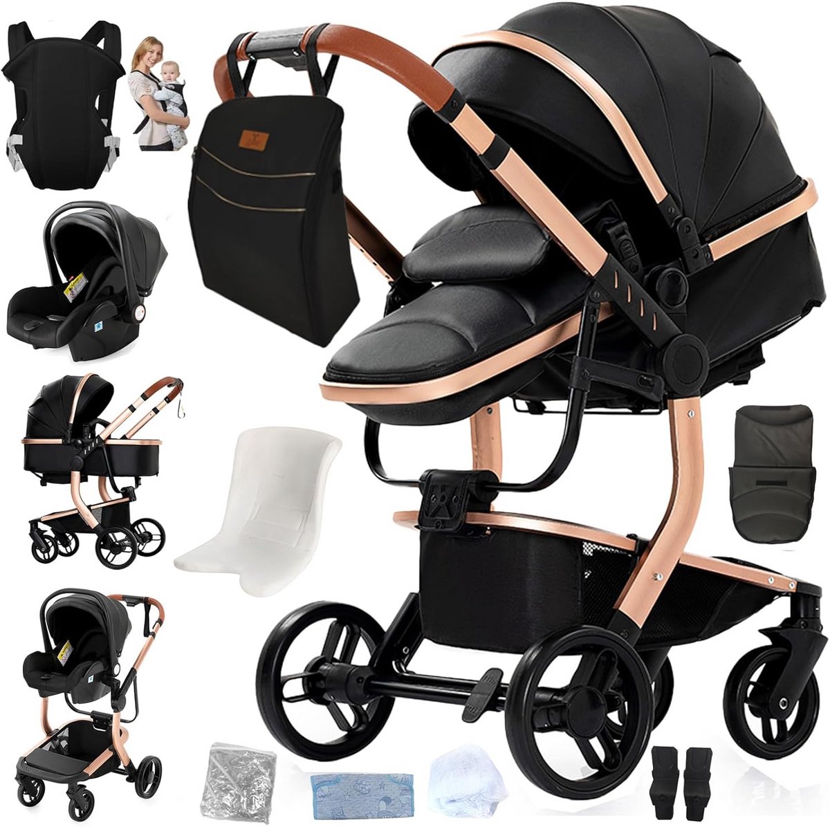 3-in-1 Combi-kinderwagen Systeem - Reissysteem + Standaard Kinderwagen + Buggy voor Pasgeborenen - Opvouwbare Draagbare Reiswieg | Lichtgewicht Hoge Kinderwagen | Robuuste Wielen