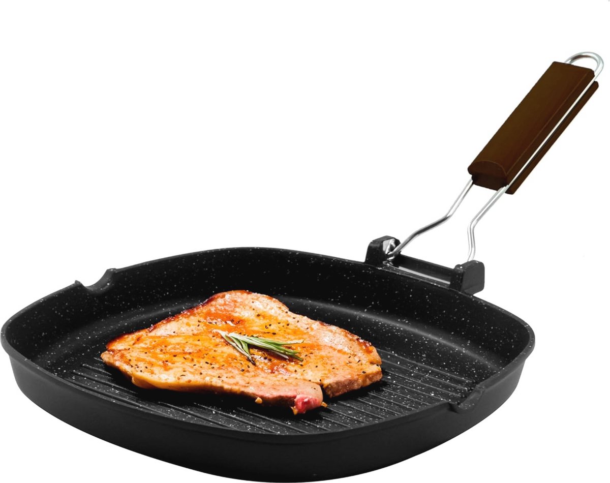 Grillpan 20 x 20 cm van gegoten aluminium met inklapbare handgreep