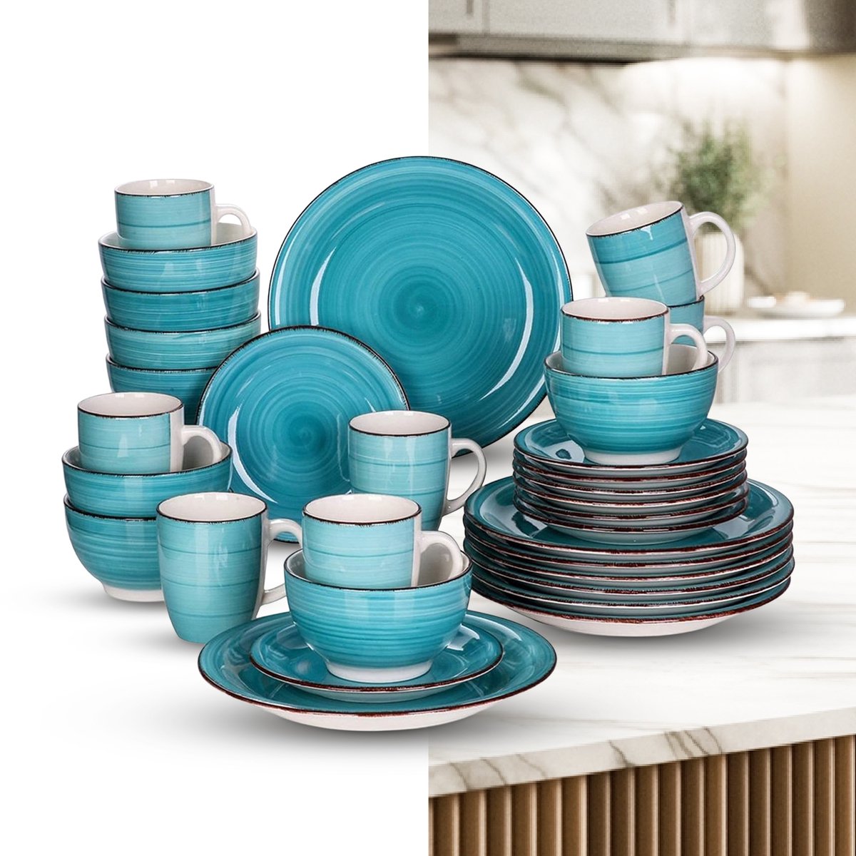 Luxe Serviesset – 32 delig – 8 persoons – Porselein - Bordenset – Dinner platen – Dessertborden - Kommen - Mokken - Schaaltjes - Blauw