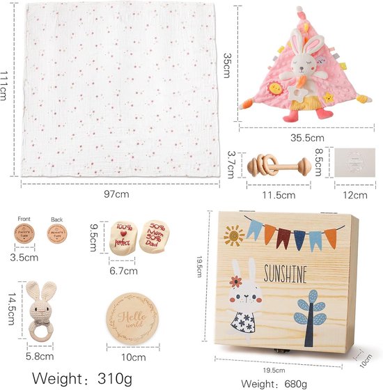 Luxe Houten Kraamcadeau Set voor Pasgeborenen, 8-delig met Knuffeldoek en Rammelaar van Bizzliss — afbeelding 5