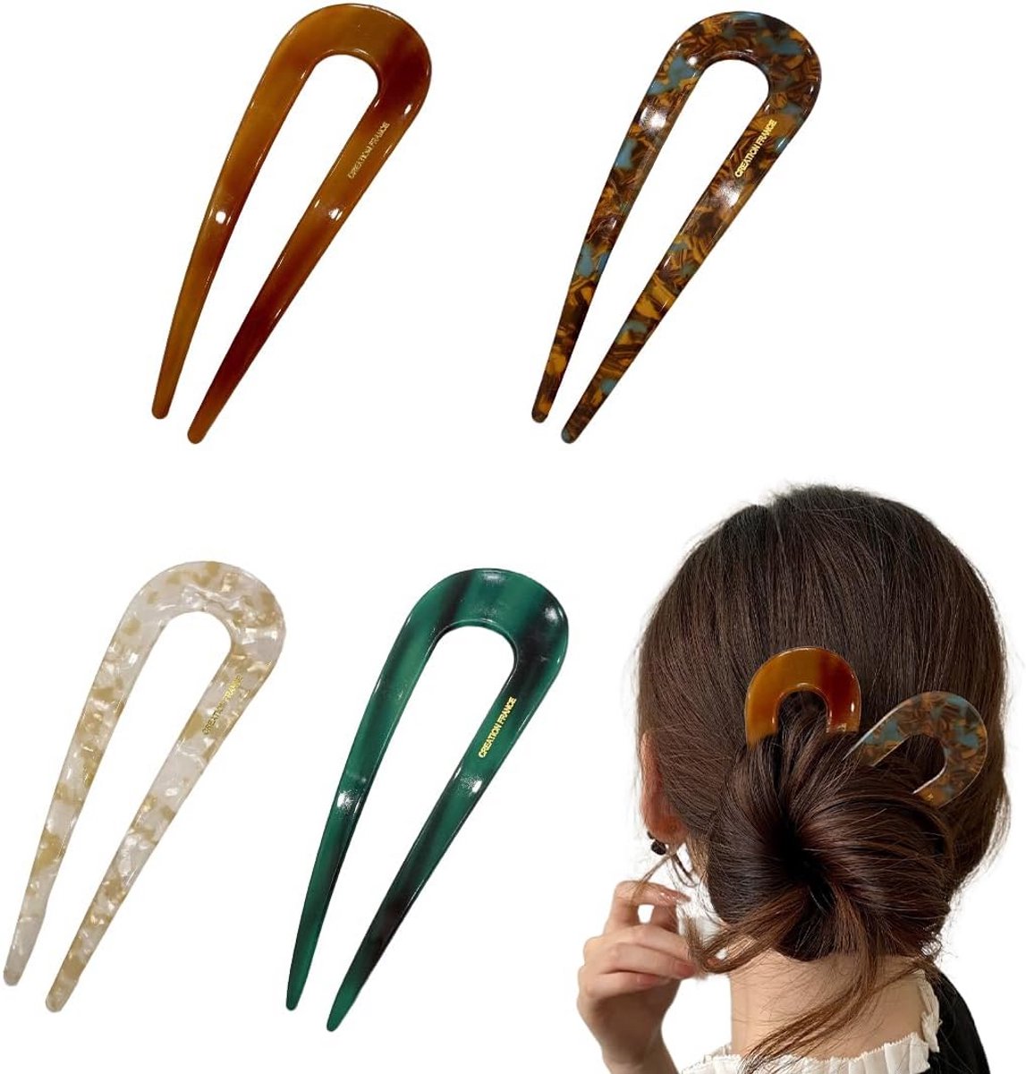 4x Grote U-vormige Haarspelden voor Klassieke Knot - Vintage Schildpad Haarclips