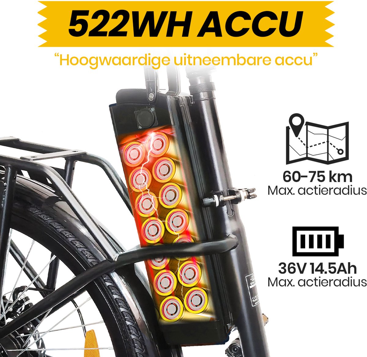 Elektrische Fiets TTGO YY-26ST Zwart- 522Wh/15Ah Accu - 75 km Bereik - 250W Motor - Instap Frame - 26 Inch Wielen -Verende voorvork- Shimano 6 Versnellingen - LCD Display - Stadsfiets voor Dames en Heren thumbnail 3