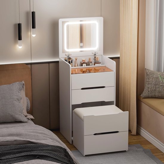 Compacte hoekkaptafel met spiegel en licht, 3-in-1 make-upbureauset, 3 laden, zachte kruk, 40 cm, kleine kaptafel voor slaapkamer of make-upkamer, elegant ontwerp Compacte hoekkaptafel met spiegel en licht, 3-in-1 make-upbureauset, 3 laden, zachte kruk, 40 cm, kleine kaptafel voor slaapkamer of make-upkamer, elegant ontwerp