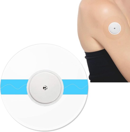 Witte glucose sensor pleister met blauwe golf-decoratie. Een vrouw draagt een pleister op haar bovenarm.