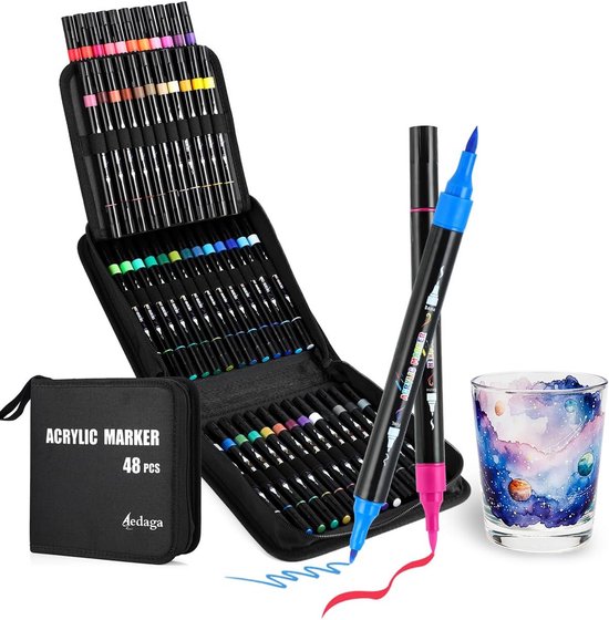 Acrylstiften met dubbele punt, 72 stuks, acrylstiften met penseelpunt en fijne punt, acrylstiften voor het beschilderen van stenen en glas, verpakt in een