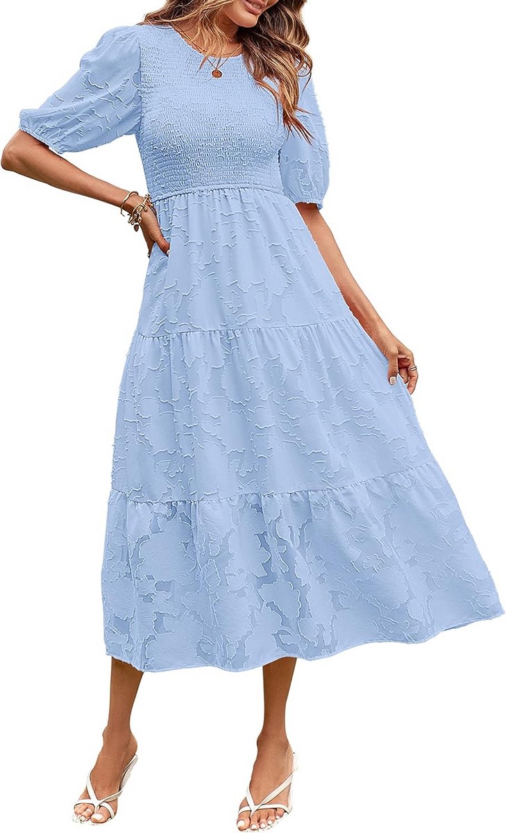 Zomerjurk met Pofmouwen en Bloemenprint Ronde Hals Kant