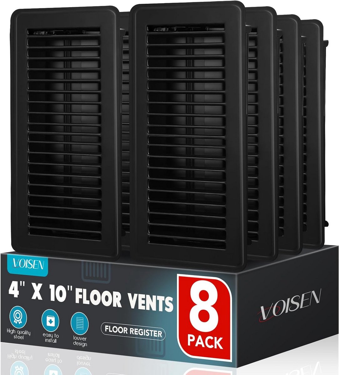Vloerrooster Zwart 10x25 cm (8 stuks) – Verstelbare Vloer- en Muurventilatieroosters van Zwaar Staal