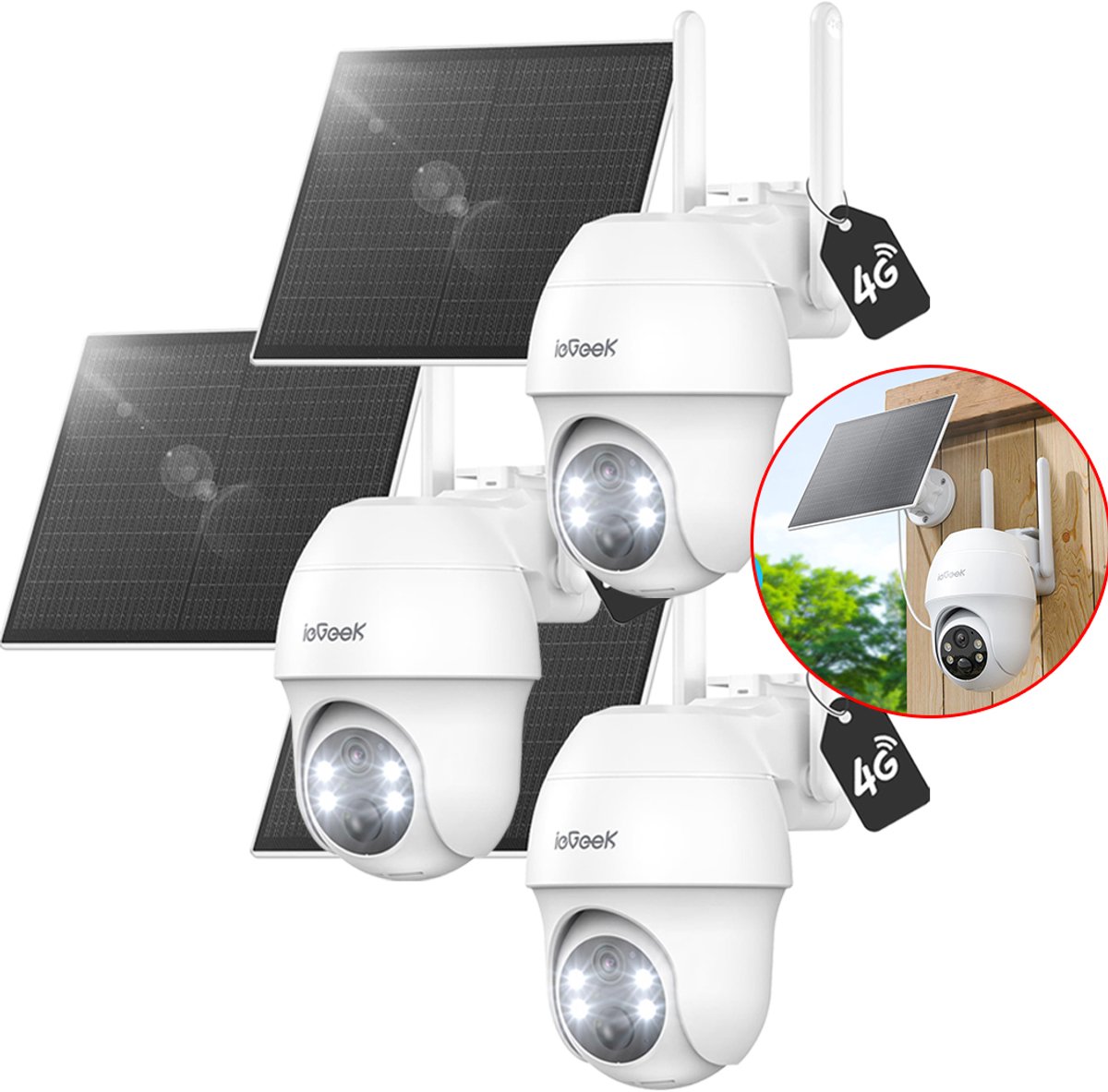 4G LTE Bewakingscamera - Solar Buiten met SIM-kaart – 2K Ultra HD, Nachtzicht, Bewegingsdetectie, IP65, 360° Draaibaar – Geen WiFi Nodig - kleuren nachtzicht - bewegingsdetectie - Incl. Zonnepaneel – Voor Tuin, Erf & Bedrijf - 3 stuks
