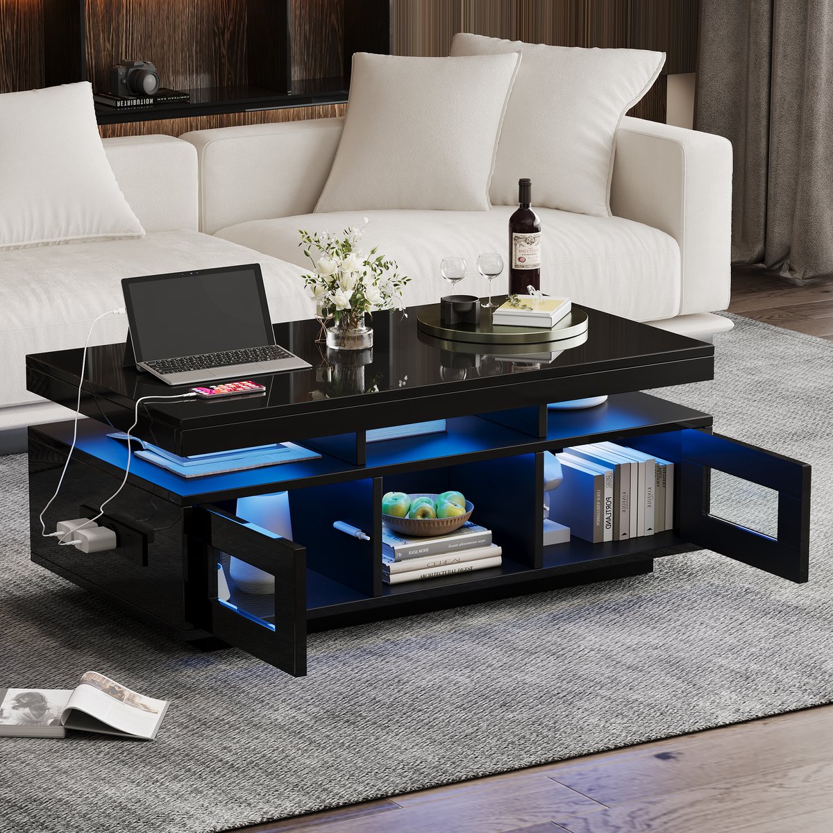 Merax Zwart koffietafel van 100x50x43 cm - met LED-licht - met opbergkast - salontafel met oplaadpoort en stopcontact
