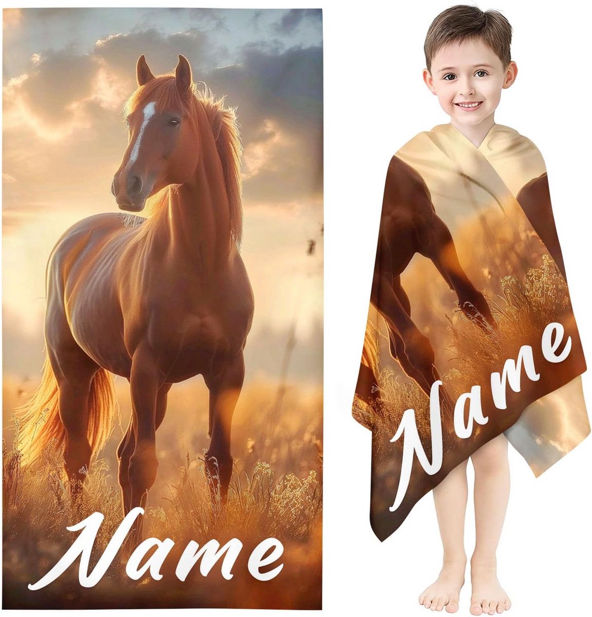 Gepersonaliseerde paarden badhanddoek 100x200 cm in 1,80 meter lengte
