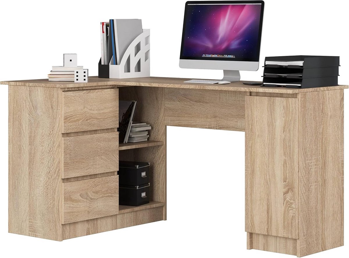 Hoekbureau 155 cm met 3 Laden en 2 Planken