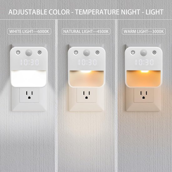 Nachtlampje met Bewegingssensor - Led Nachtlamp Met Tijdweergave - Inductie/Altijd aan - Instelbare helderheid - Schakelen tussen drie kleuren - Aanraakdimfunctie - Voor Stopcontact - Nachtlampje stopcontact - Set Van 2 Stuks van Merkloos — afbeelding 4