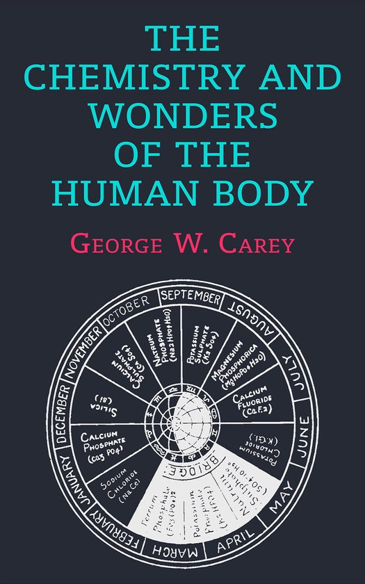 Boekcover 'The Chemistry and Wonders of the Human Body' met een cirkelvormig schema van mineralen en maanden.