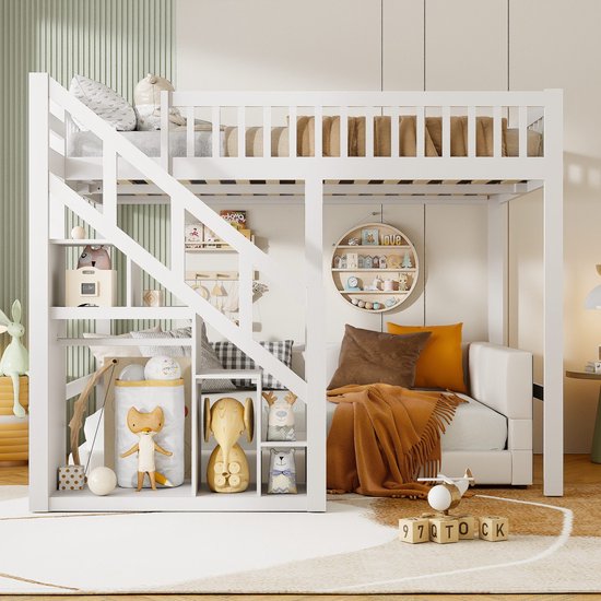 Lit enfant avec lit escamotable 90x200 cm, lit enfant avec protection contre les chutes, petit escalier, espace de rangement, lit superposé, bois massif, matelas non inclus (Livré en 2 colis séparés)