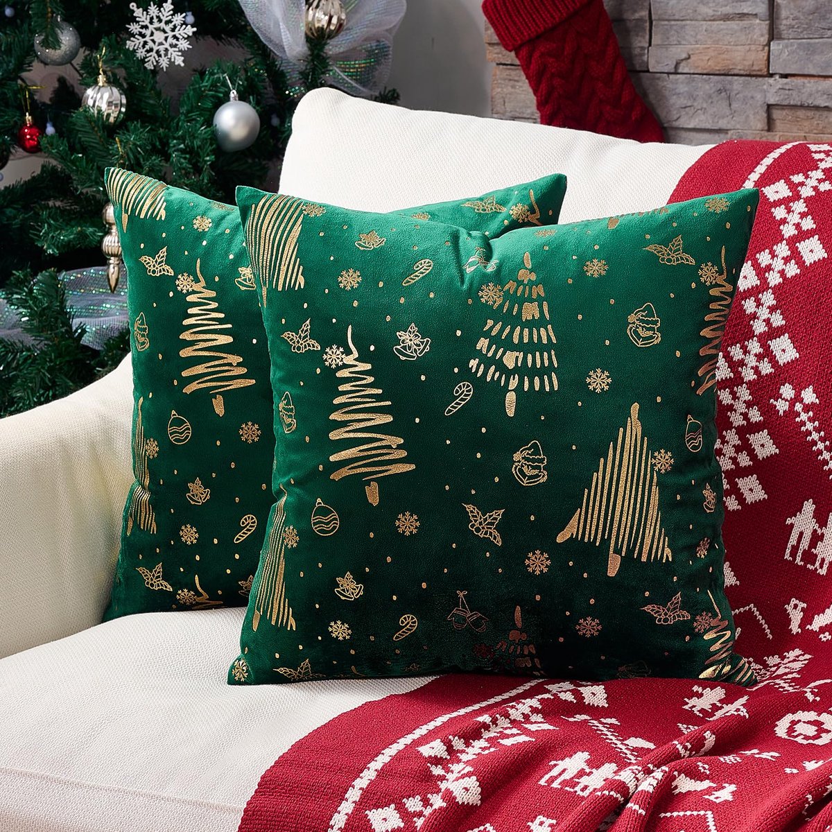Unyqoos Set van 2 Fluwelen Kerstkussenslopen voor Sierkussens in Woonkamer of Slaapkamer groen