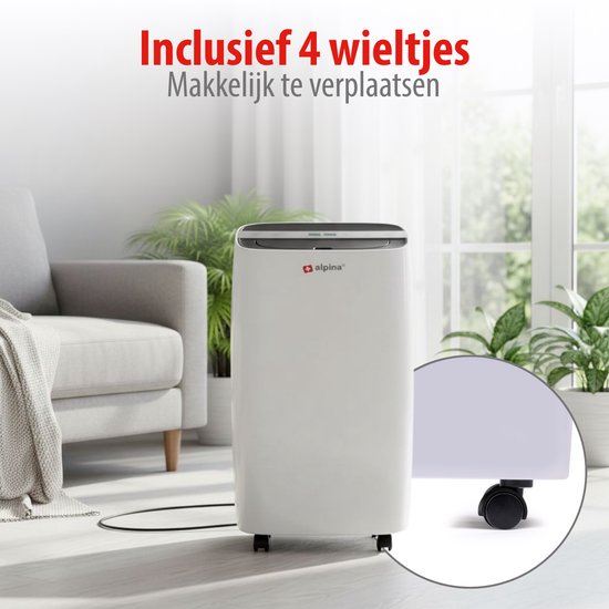 Witte Alpina luchtontvochtiger met 4 wieltjes, met een uitvergroting van een wiel.